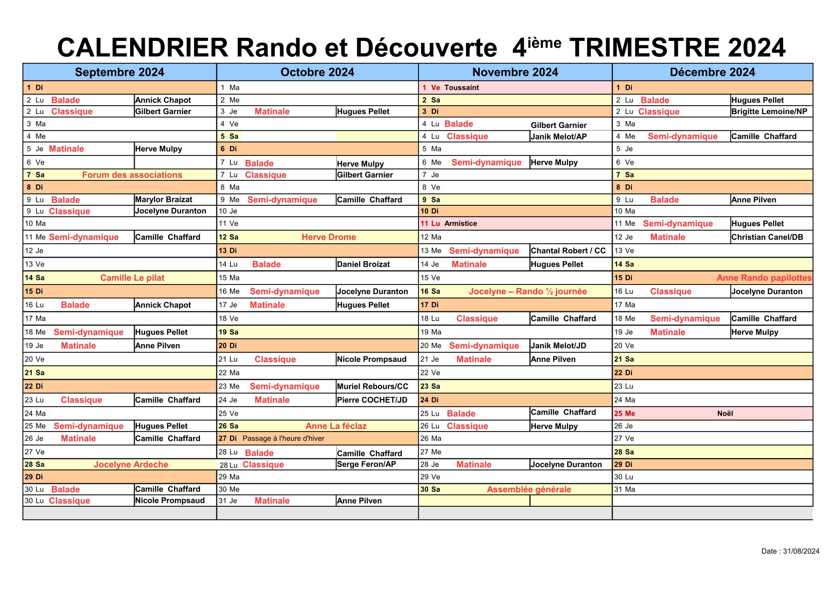 Calendrier du 02 09 au 31 12 2024